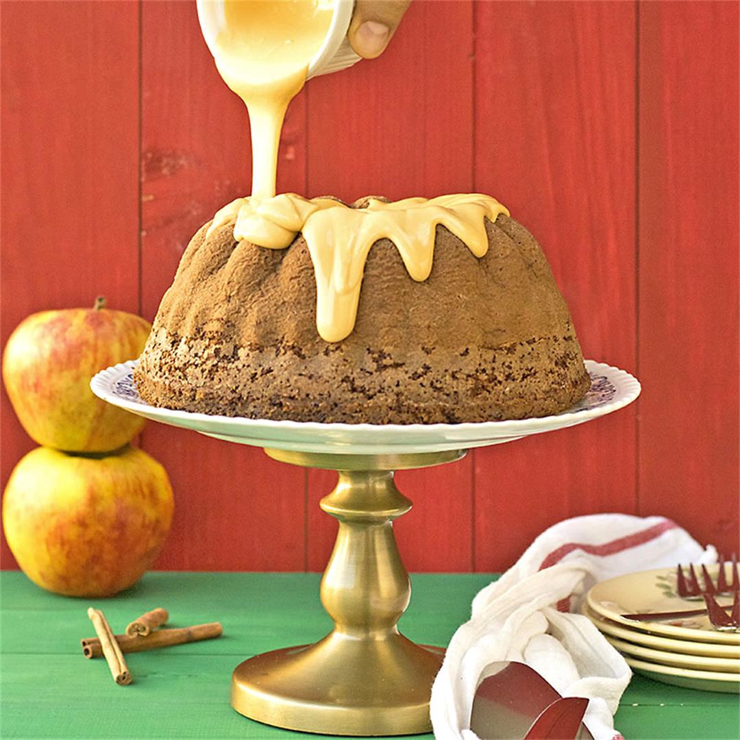 Olive oil, apple & cocoa cake with caramelized white chocolate