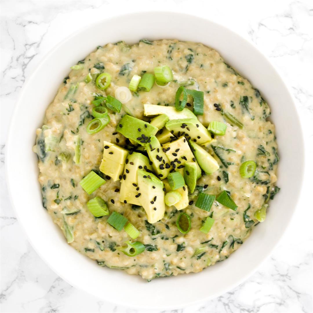 Miso Breakfast Oats with Kale, Avocado and Green Onion