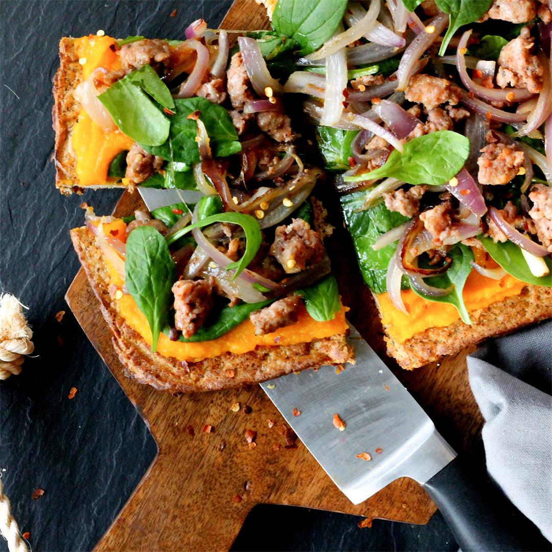 Sausage and Butternut Squash on Paleo Pizza Crust {Dairy-Free}