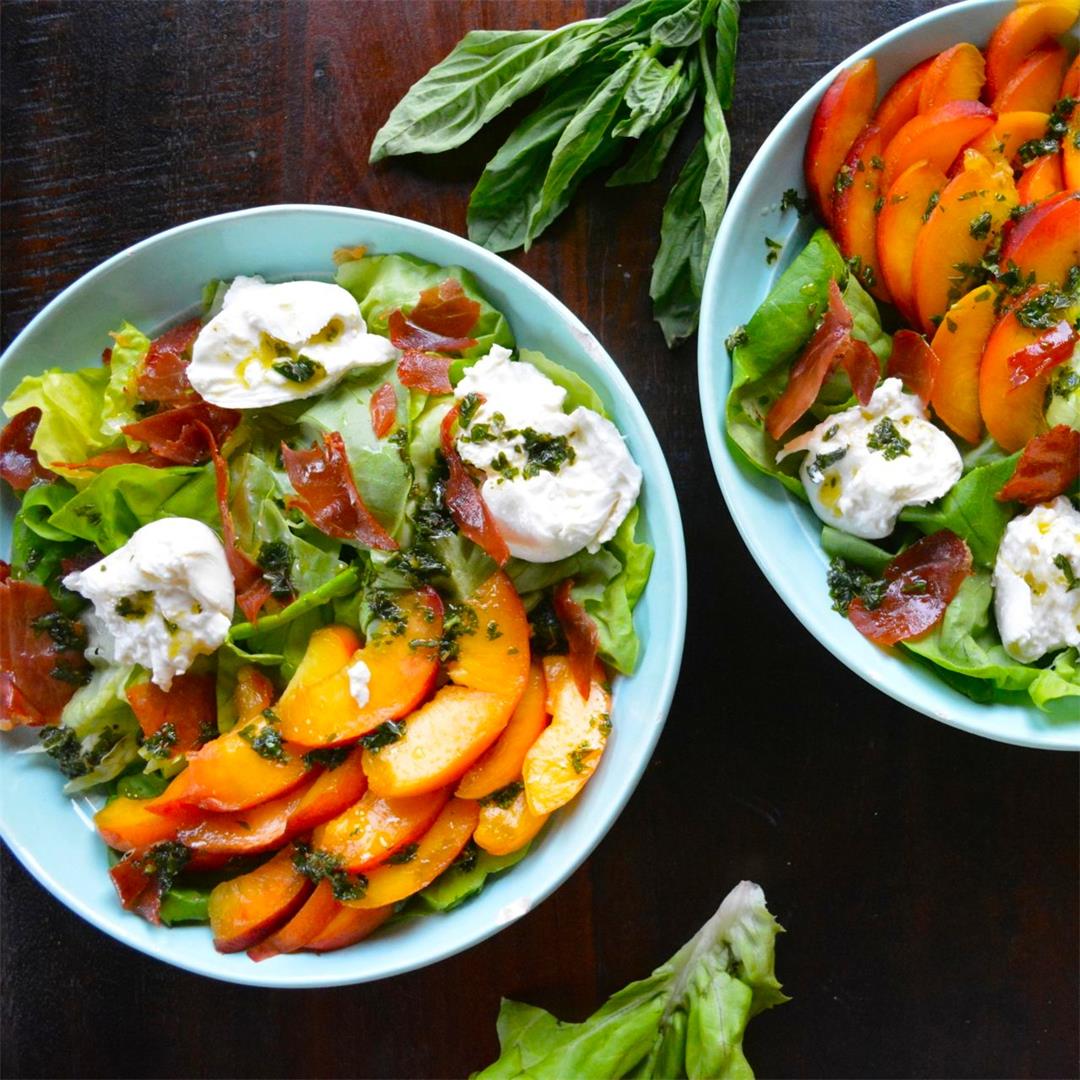 Peach & Burrata Salad with Sweet Basil Vinaigrette