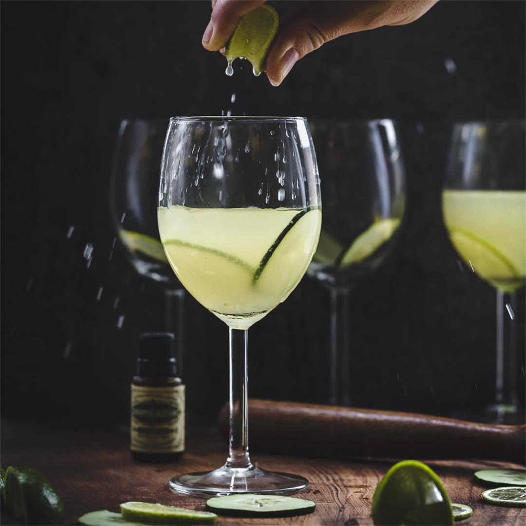 Garden Gimlets: gin gimlet w/fresh cucumber, lime, & basil