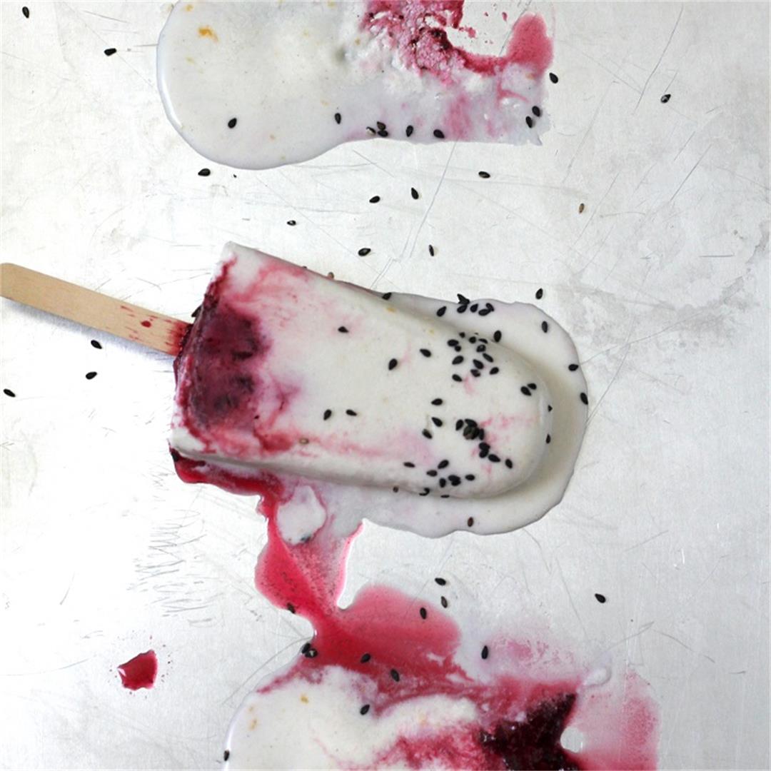 Coconut, Blueberry and Five Spice Popsicles with Sesame Seeds
