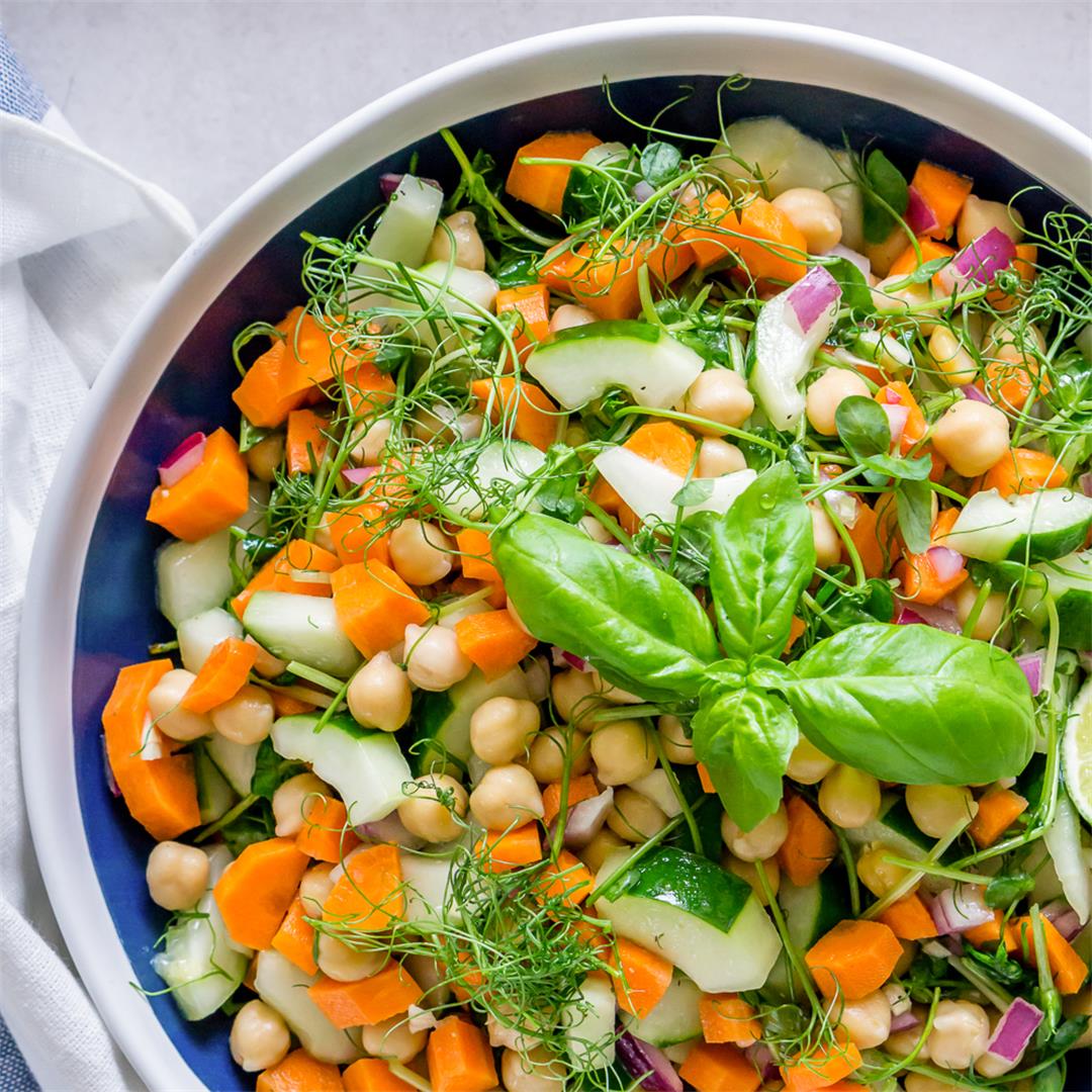 Chickpea & Pea Shoot Salad with Basil Lime Dressing