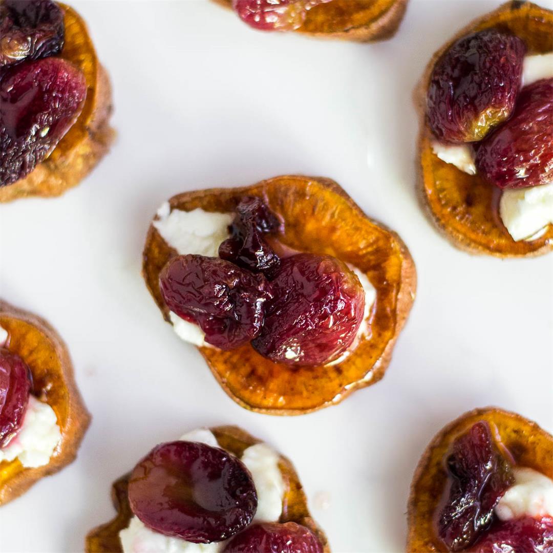 Sweet Potato Rounds with Roasted Grapes and Goat Cheese