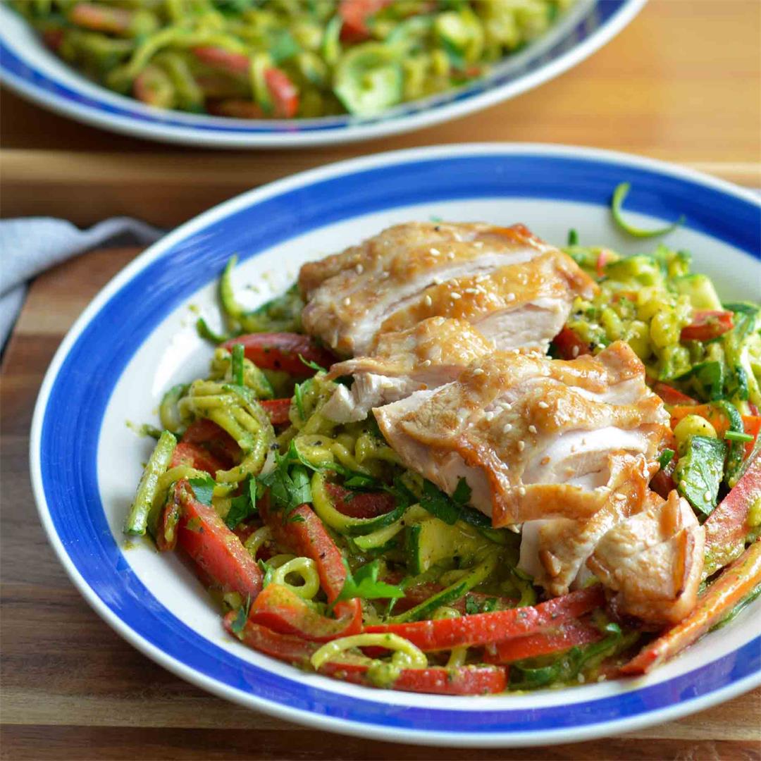 Pesto Zucchini Noodles & Baked Soy Chicken