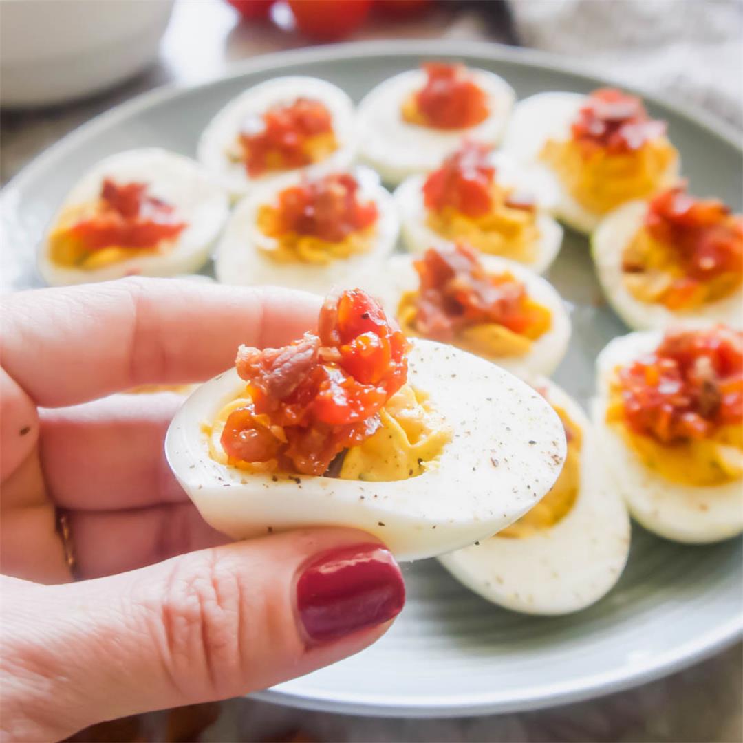 Paleo Deviled Eggs Topped With Tomato Bacon Jam (GF)
