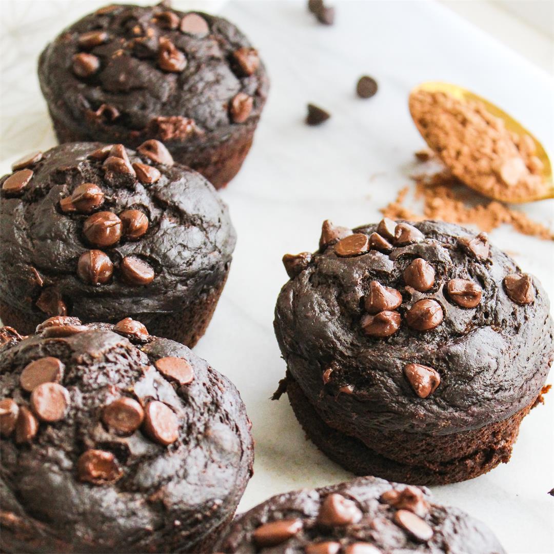 Double Chocolate Banana Muffins - oil free + low in sugar!