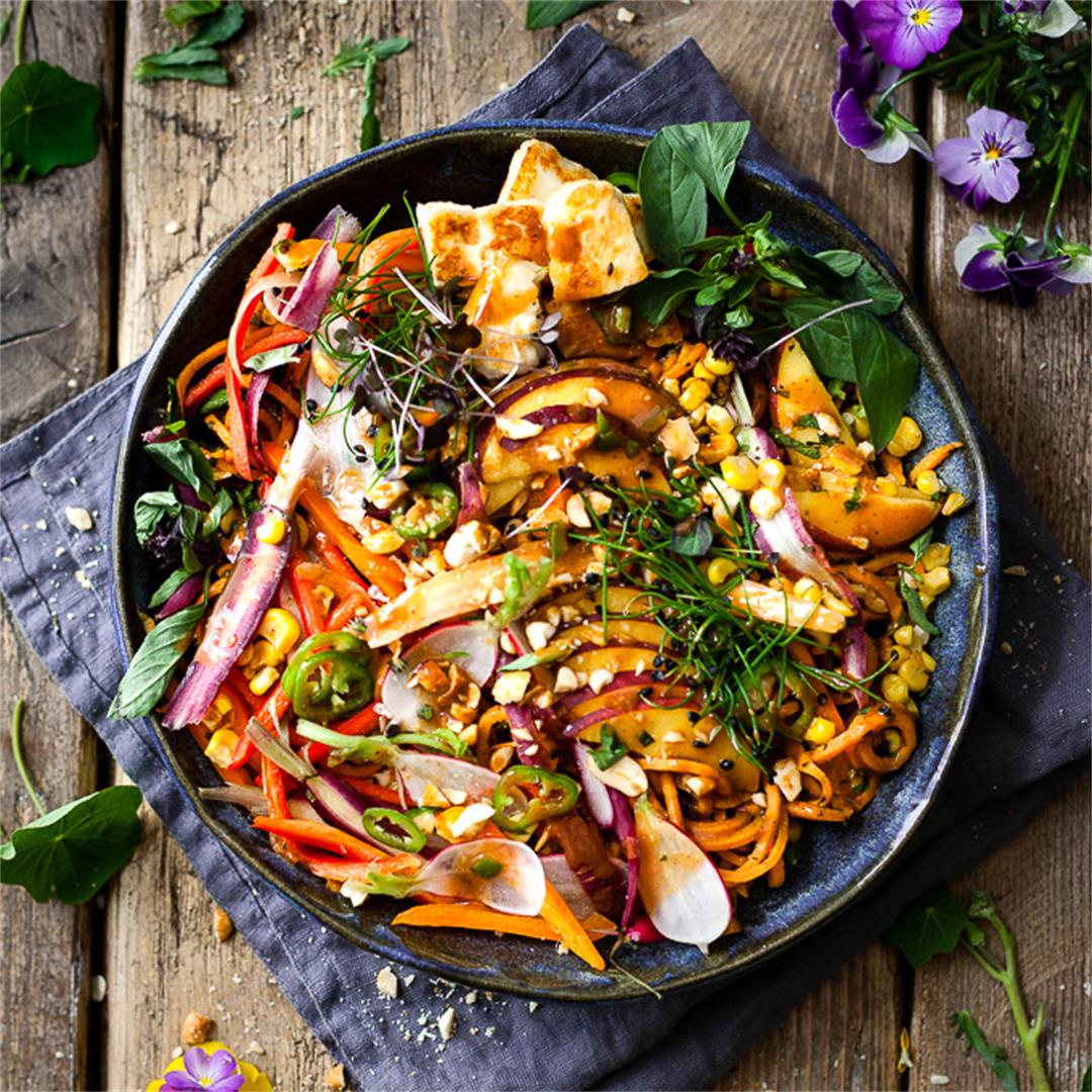 Asian Noodle Salad With Spicy Peanut Basil Dressing