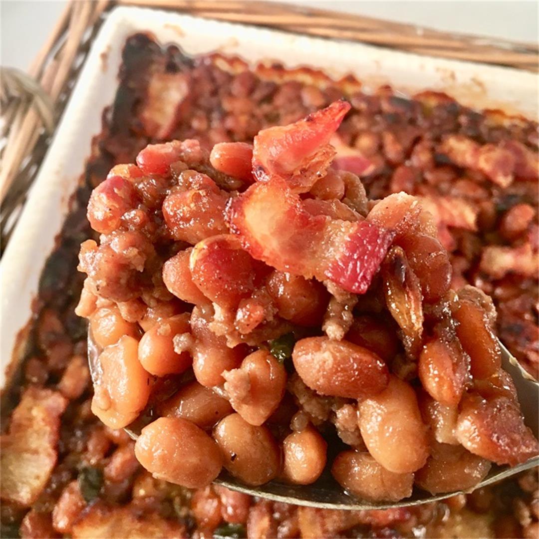 Easy Baked Beans with Ground Beef, Bacon, and Brown Sugar