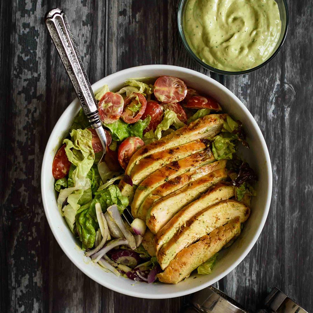 Pan Seared Chicken Salad with Creamy Avocado Dressing