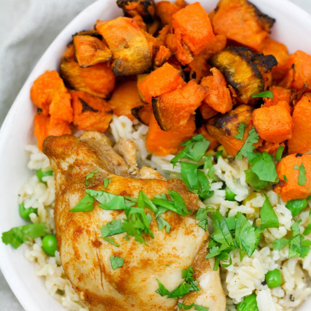 Baked Chicken and Sweet Potatoes with Garlic Rice Bowl