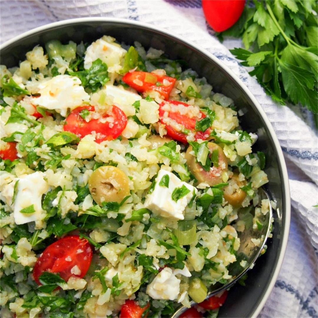 Greek style cauliflower rice salad