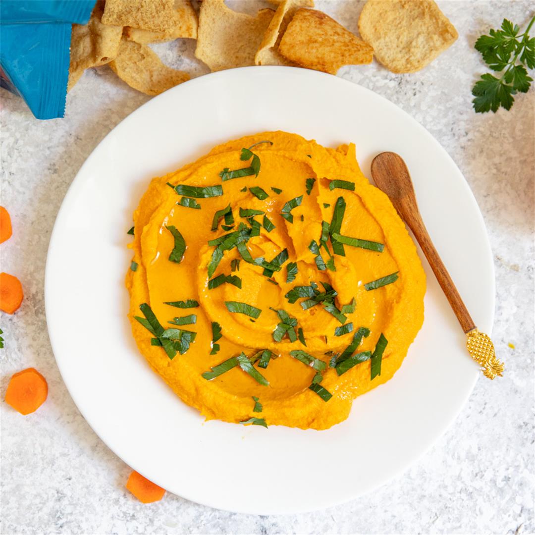 Maple Roasted Carrot Hummus for dip with pita chips
