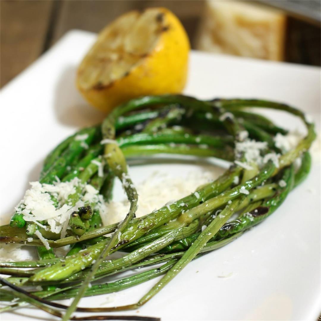 Grilled Garlic Scapes with Lemon and Parmesan