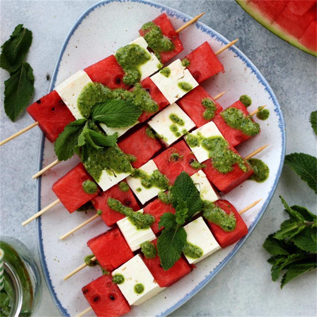 Watermelon Skewers with Feta and Mint Pesto
