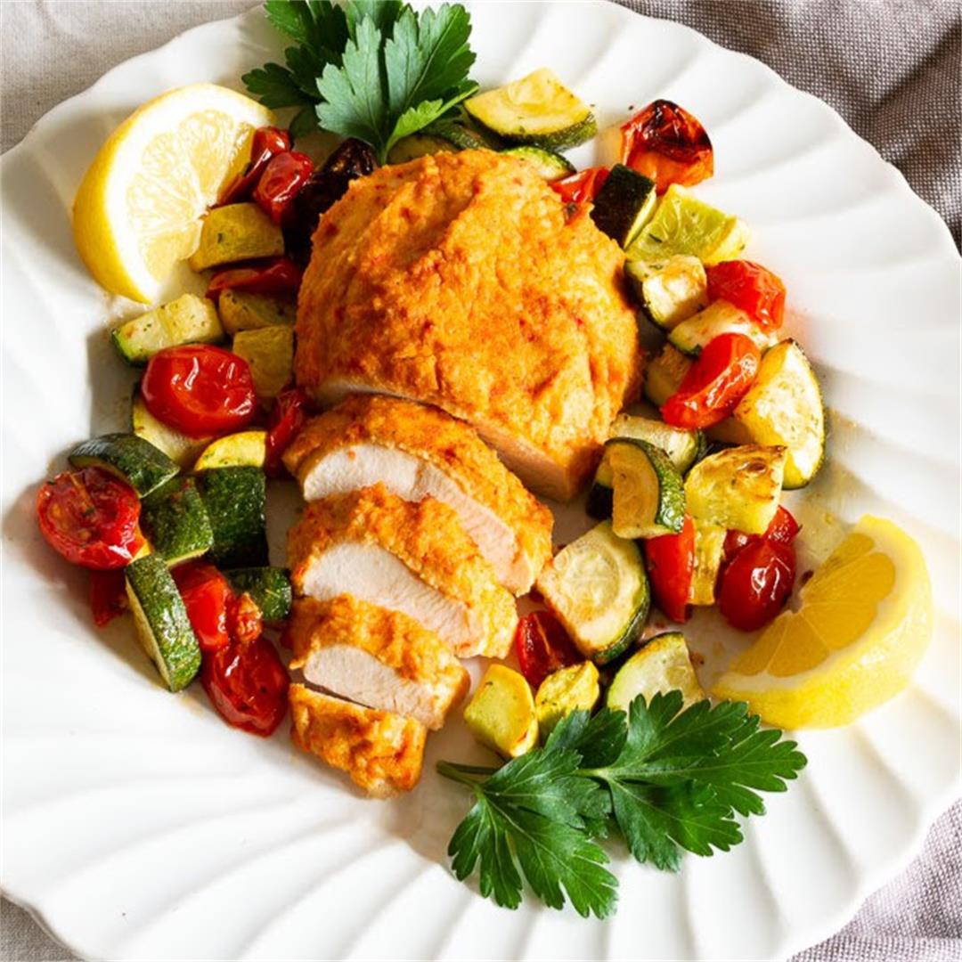 Hummus Baked Chicken and Vegetables