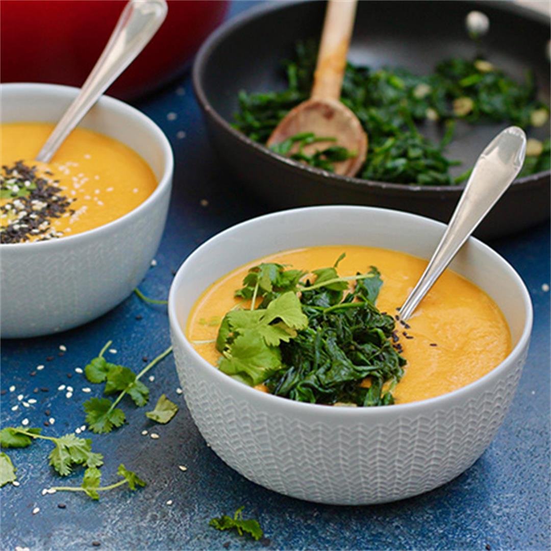 Spicy Carrot Soup with Tahini and Garlicky Greens