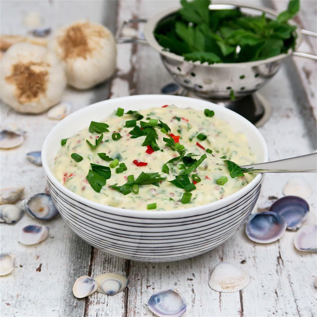 Gorgeous garlic mayonnaise with lots and lots of fresh herbs