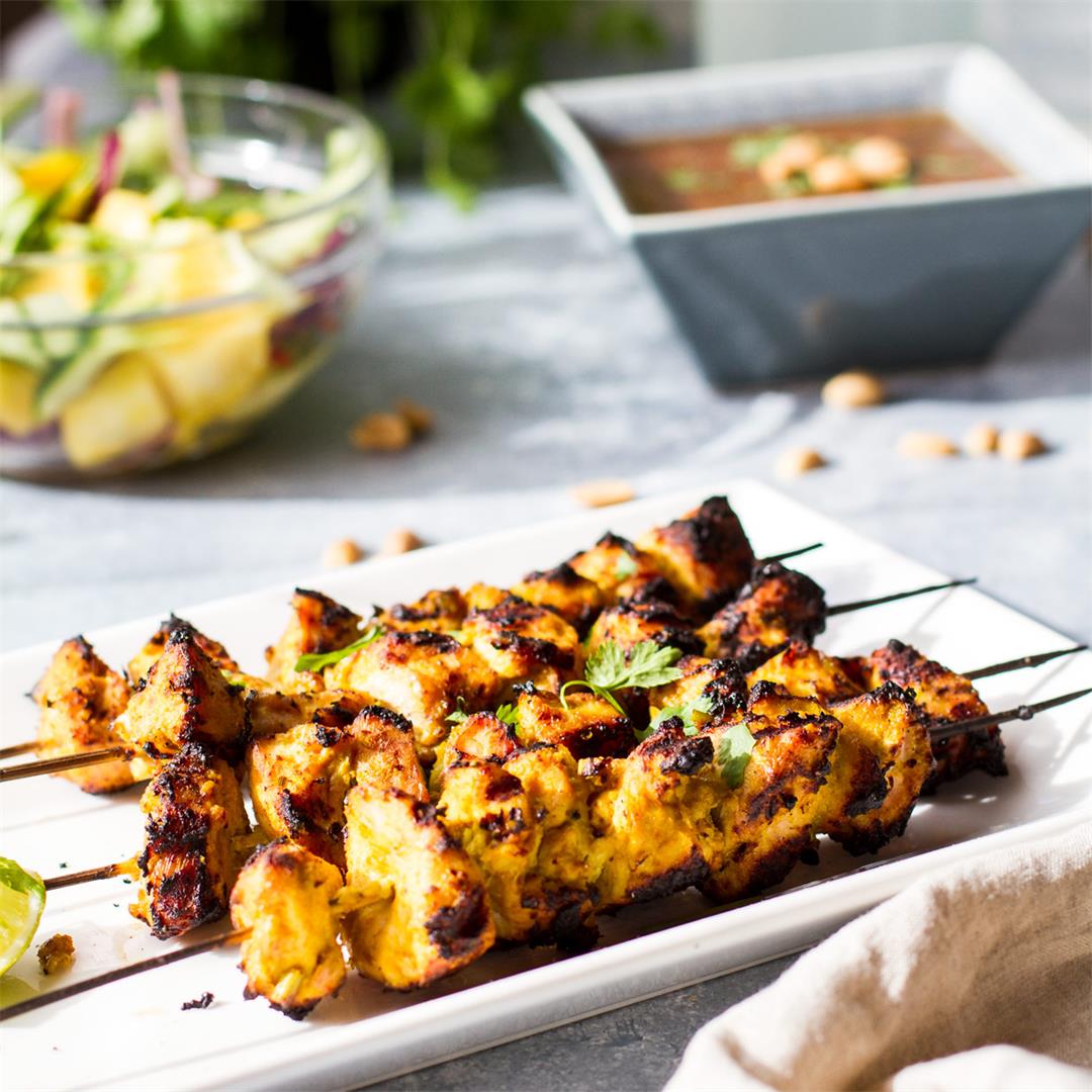 Curry Coconut Chicken Satay with a Mango Cucumber Salad