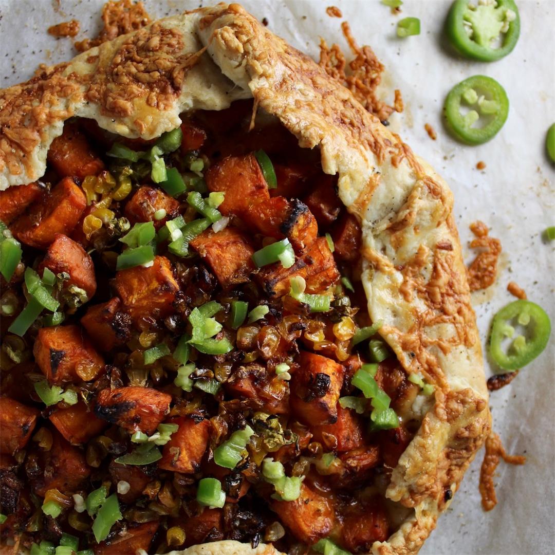 Sweet potato, corn, cheddar galette with pickled jalapenos