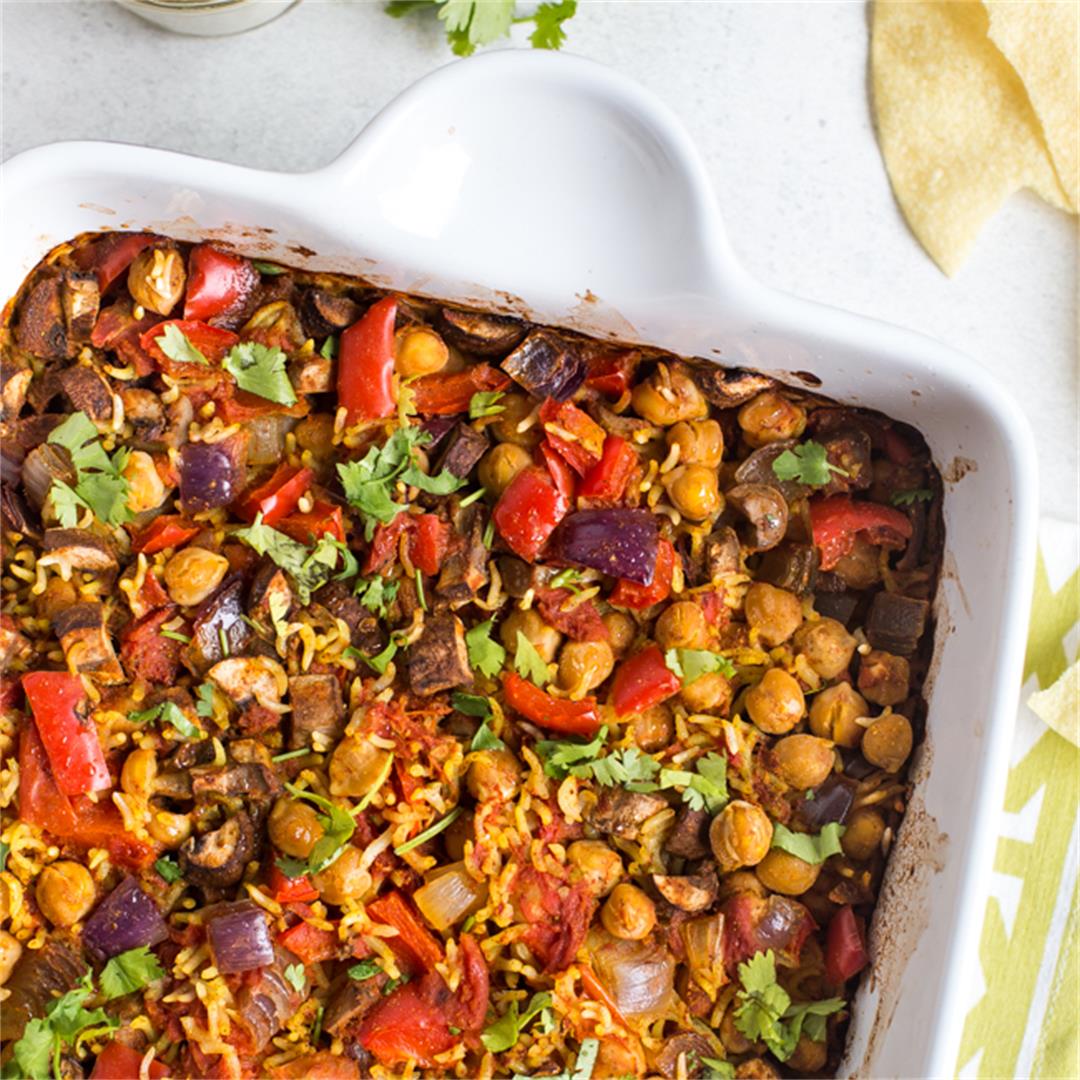 One pan chickpea curry and rice bake