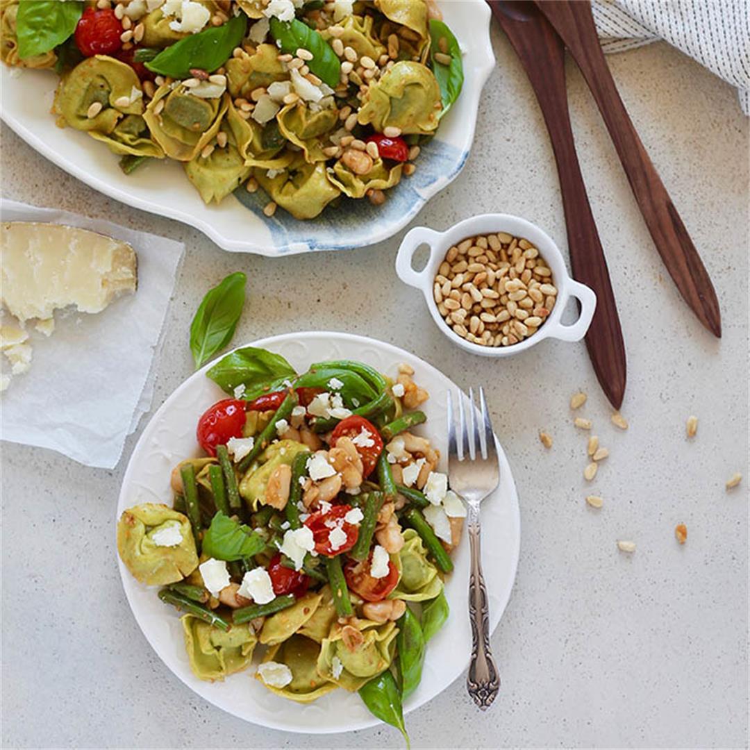 Warm Tortellini Pasta Salad with Green Beans and Burst Tomatoes