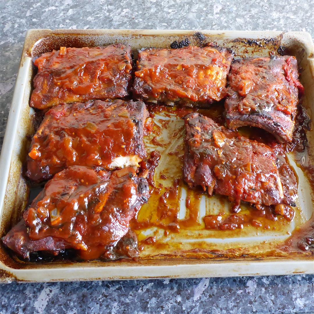 Baked spareribs with homemade BBQ sauce