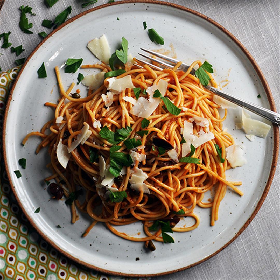 Spaghetti Puttanesca with Roasted Tomato Sauce