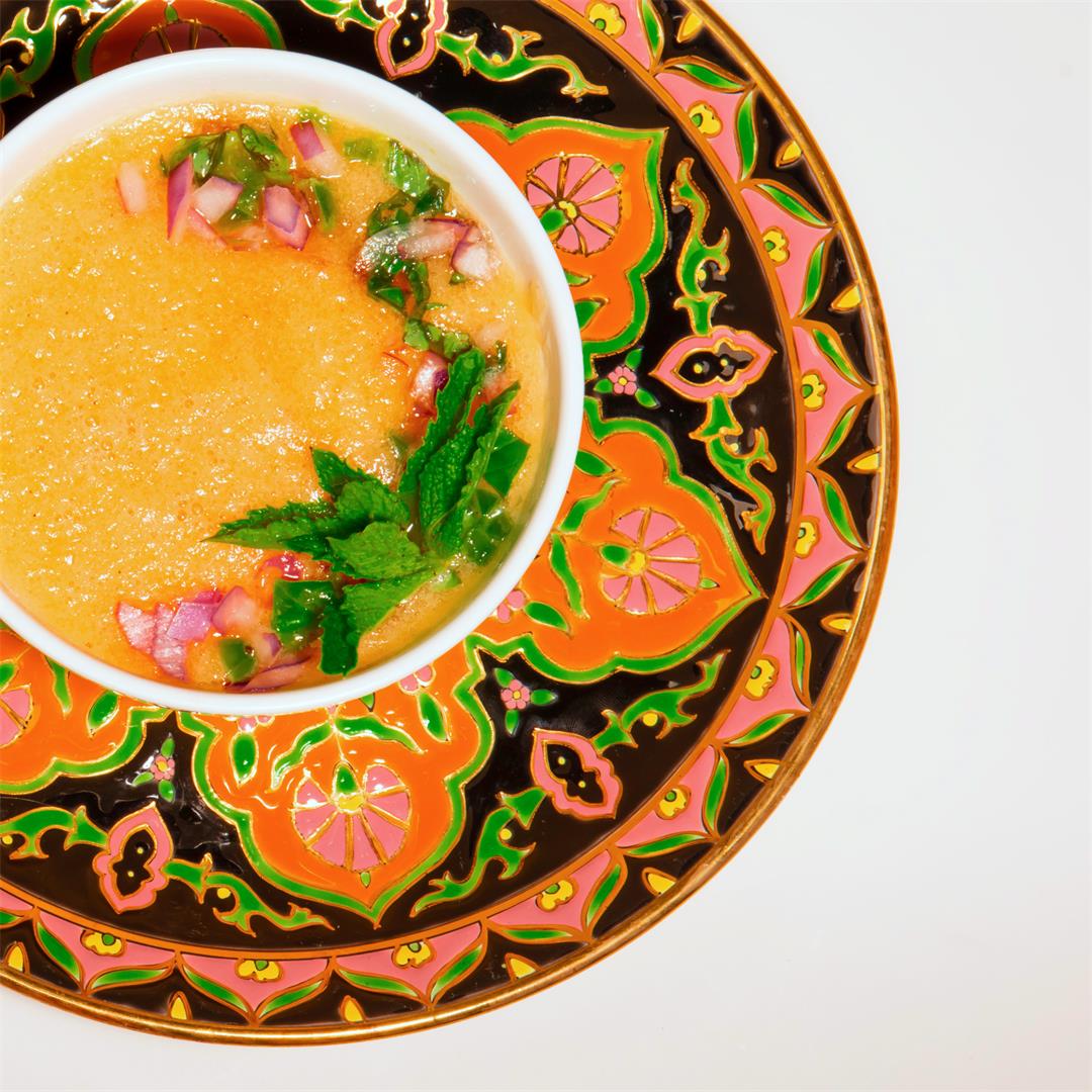 Iced Cantaloupe Soup with Jalapeños, Basil and Red Onion