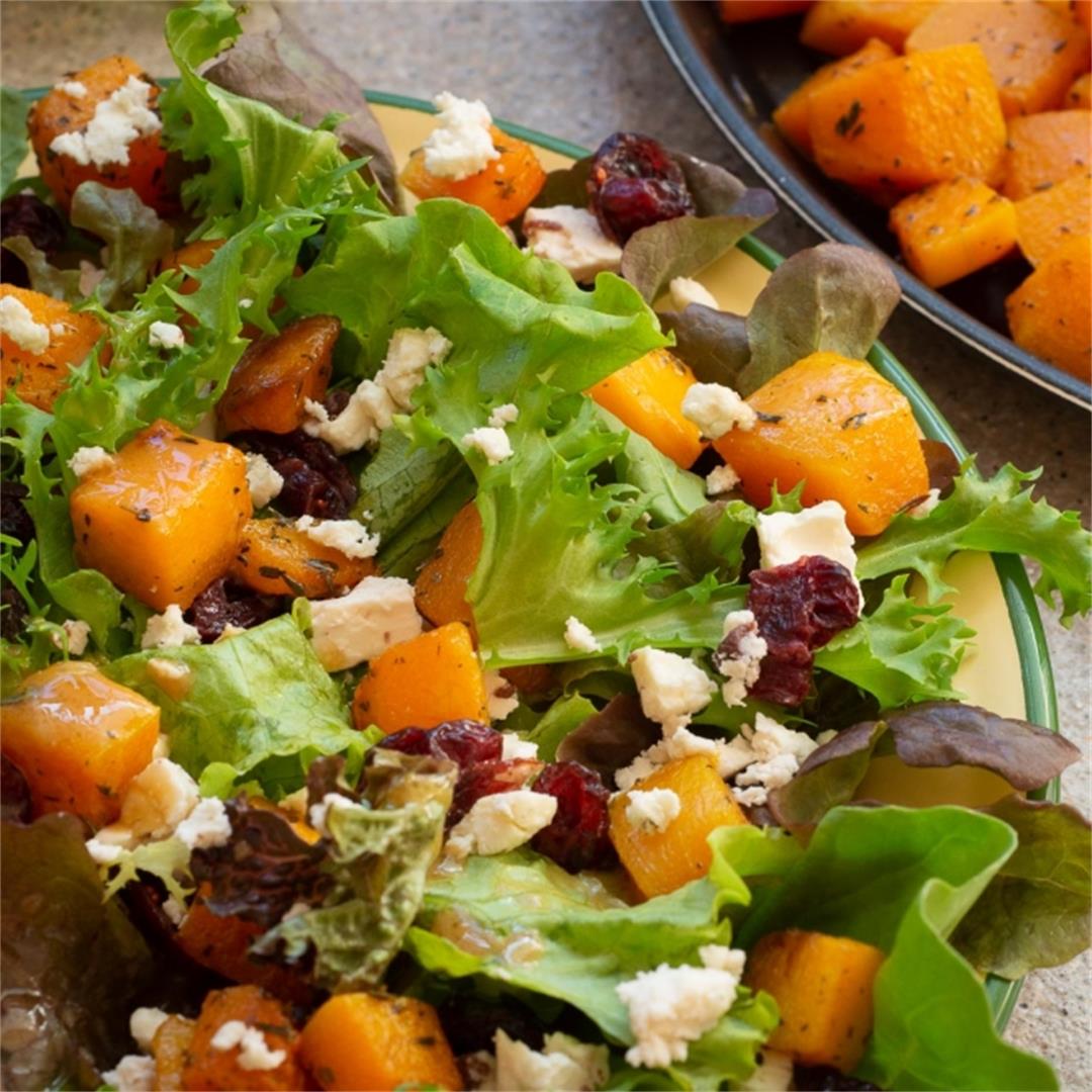 Roasted Butternut Squash Salad with Feta, Greens and Cranberrie