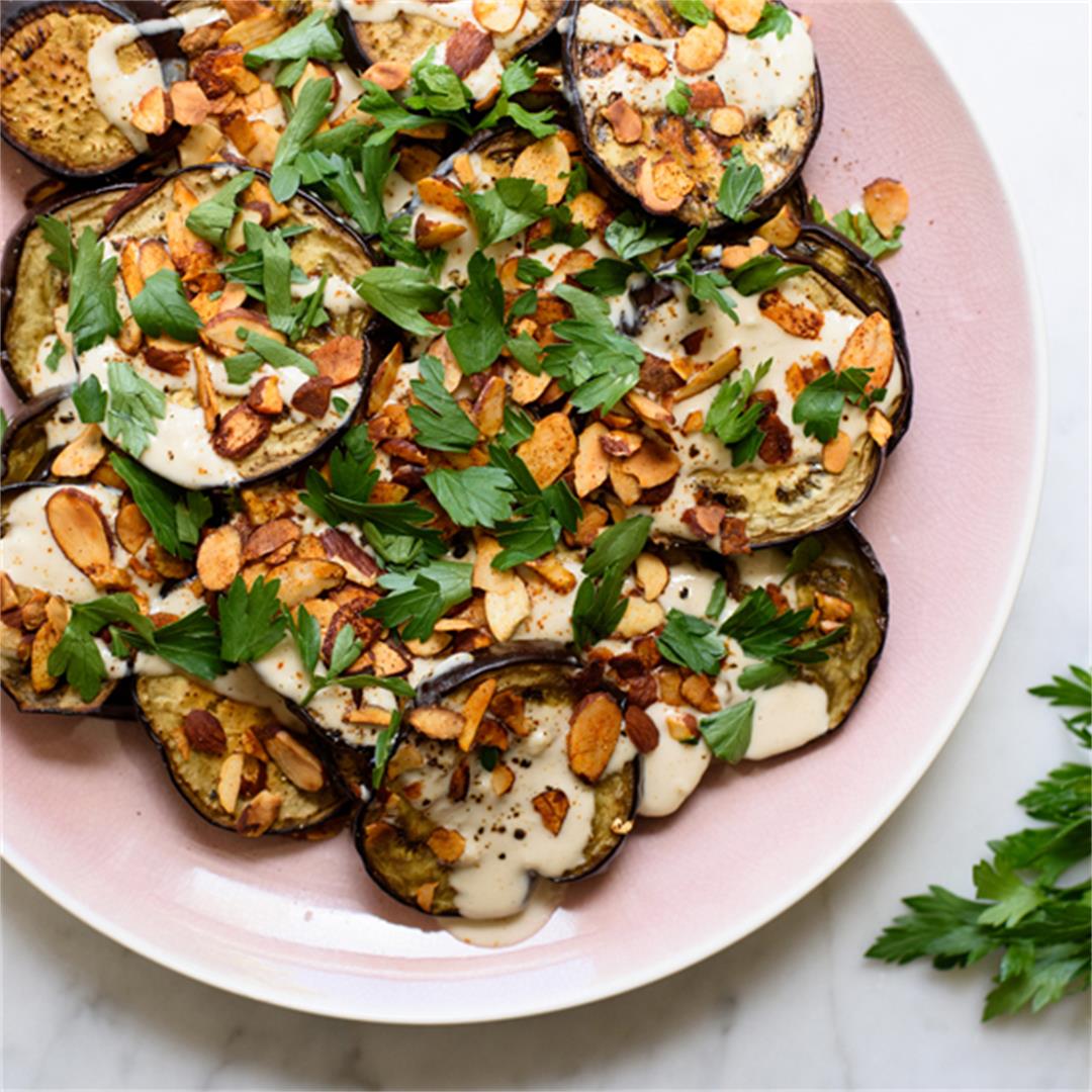 Roasted Eggplant with Tahini Sauce, Spiced Almonds and Parsley