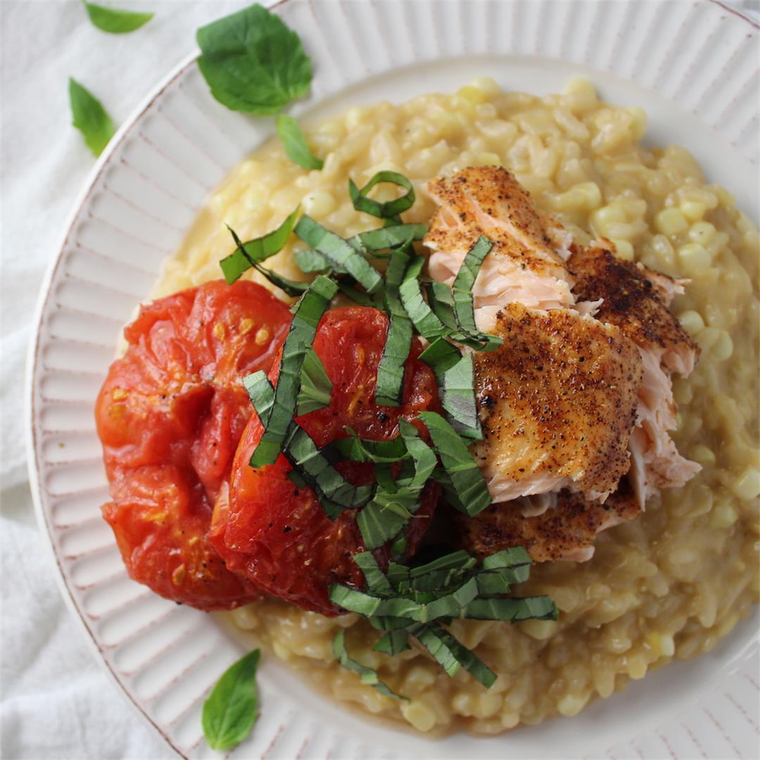 Corn Risotto with Roasted Salmon and Tomatoes