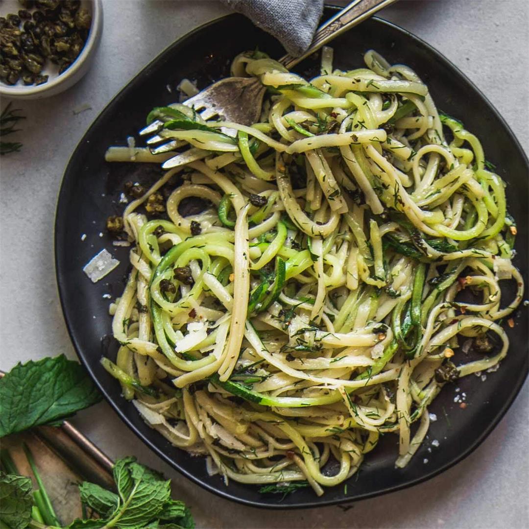Half & Half Linguini with Zucchini Noodles, Herbs & Fried Caper