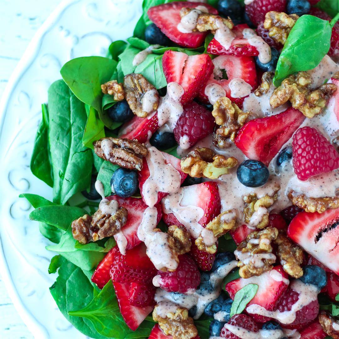 Berry Spinach Salad with Poppy Seed Dressing and Candied Nuts