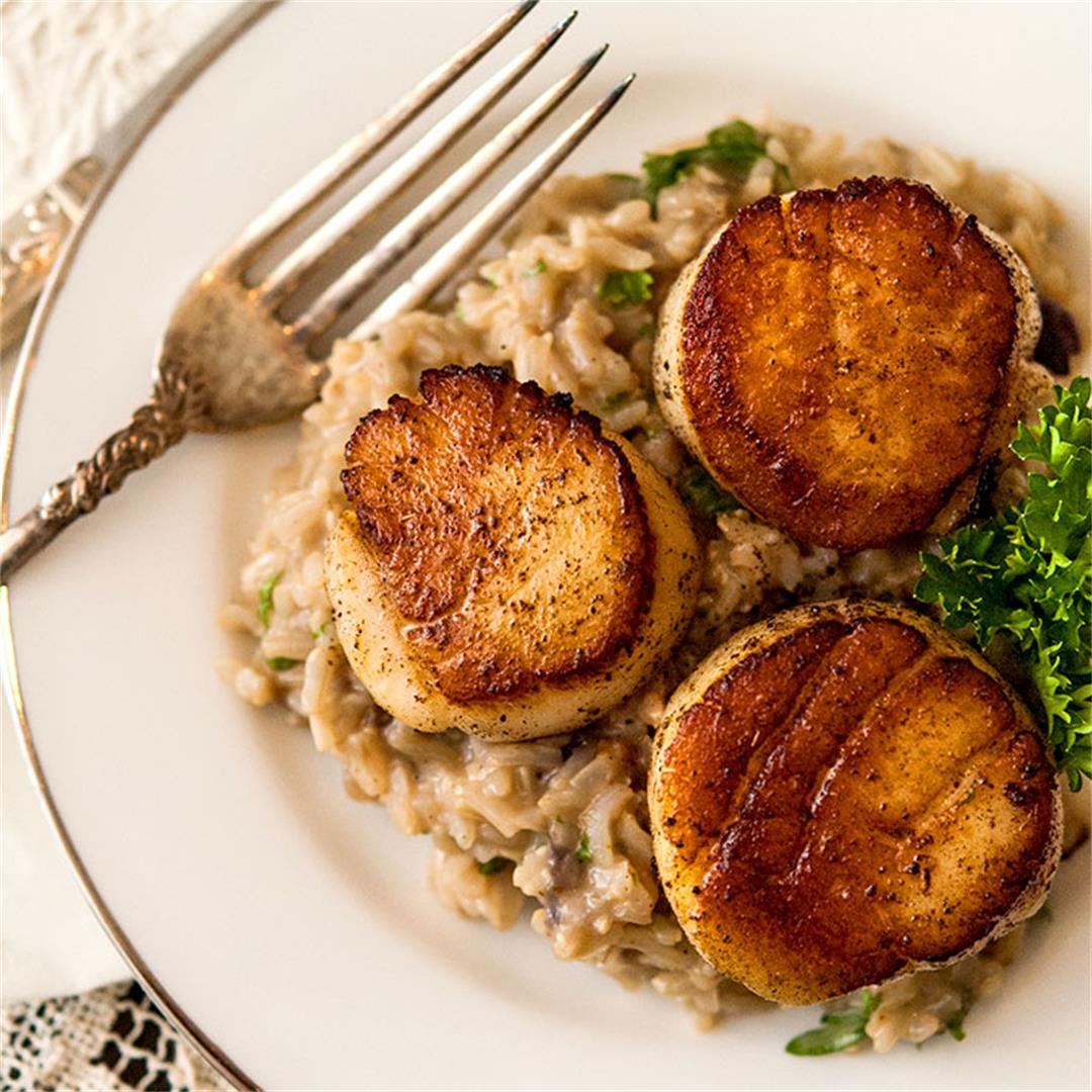 Sage Butter Seared Scallops with Brie & Roasted Garlic Basmati
