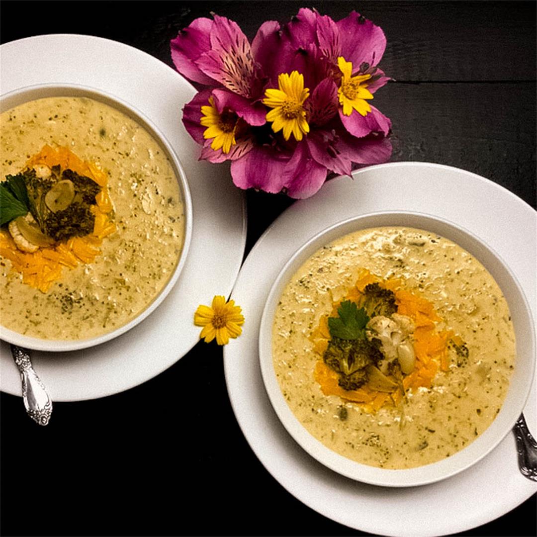 Gluten Free Roasted Broccoli and Cauliflower Cheese Soup