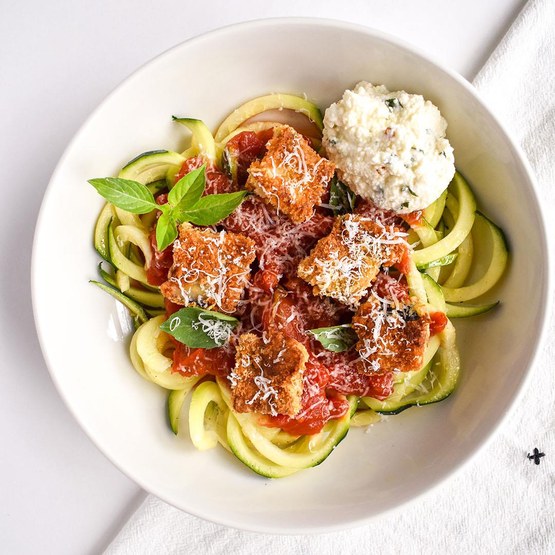 Zucchini noodles and crispy eggplant with a simple tomato sauce