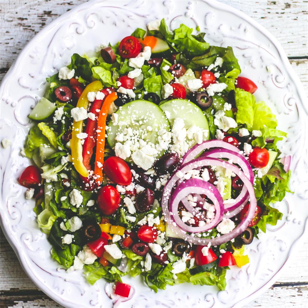 Greek Salad with the BEST, easy blender dressing!