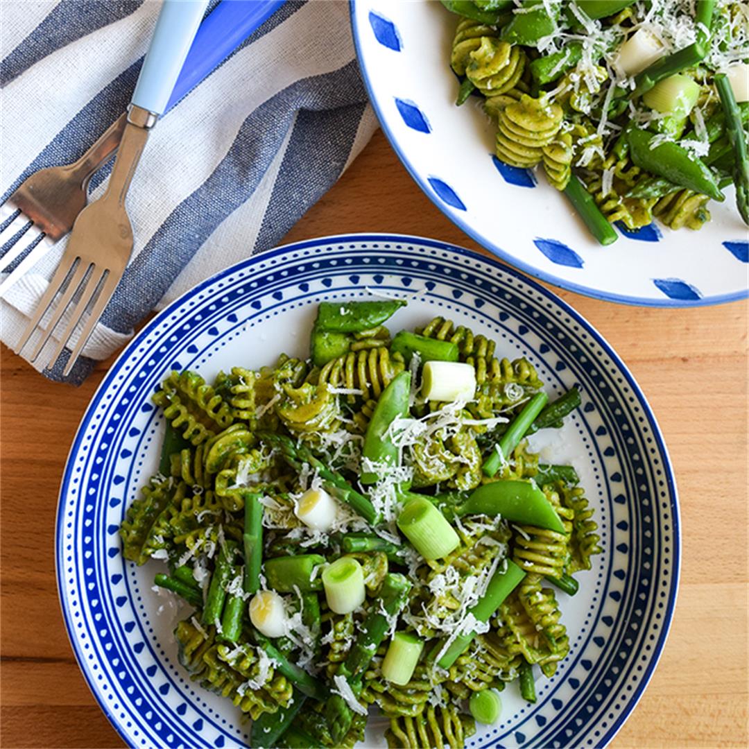 Pasta with Spring Greens & Fresh Spinach Pesto