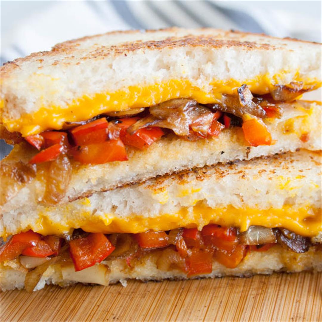 Vegan Grilled Cheese with Caramelized Onions and Red Pepper