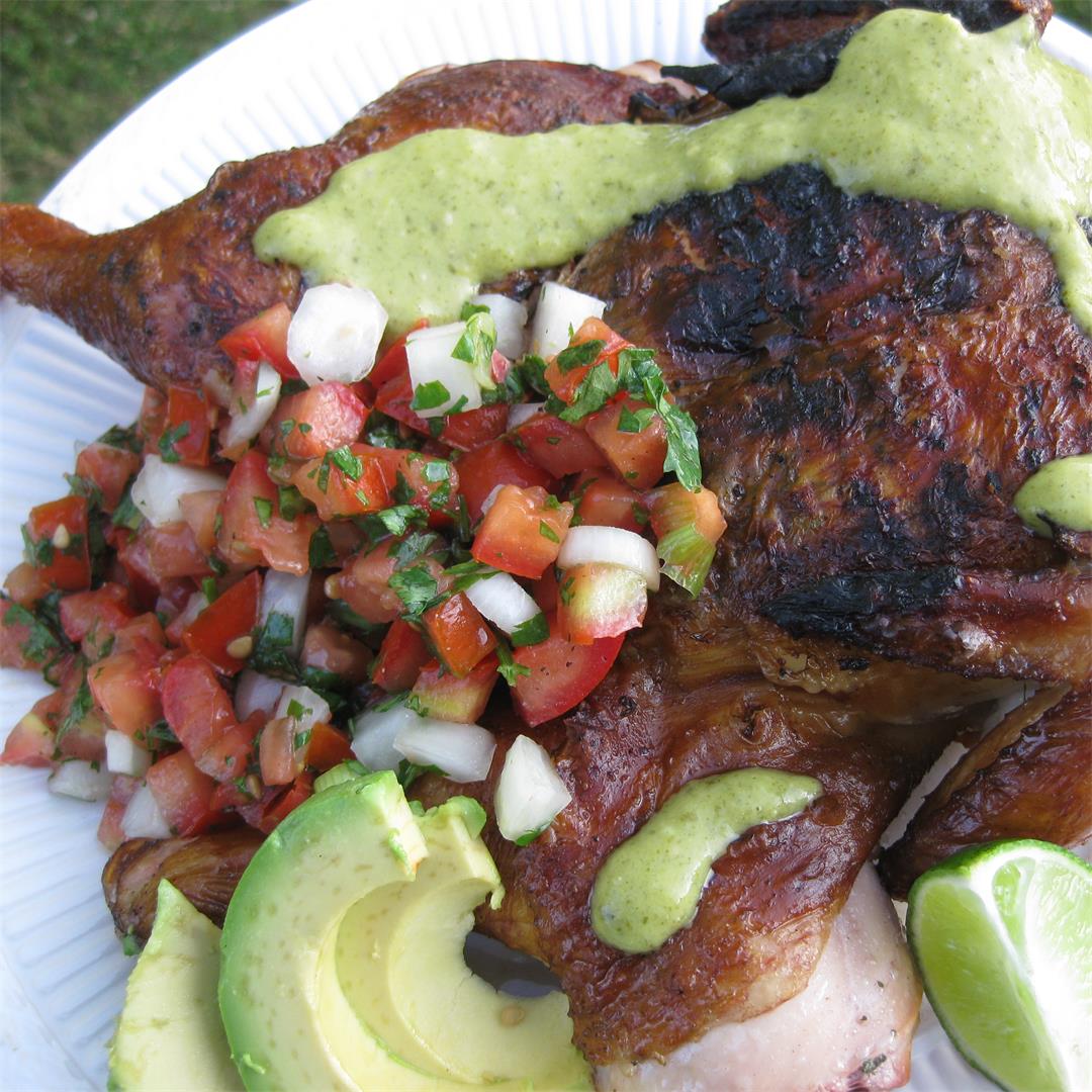 Grilled Spatchcock Chicken with Pico de Gallo and Salsa Verde