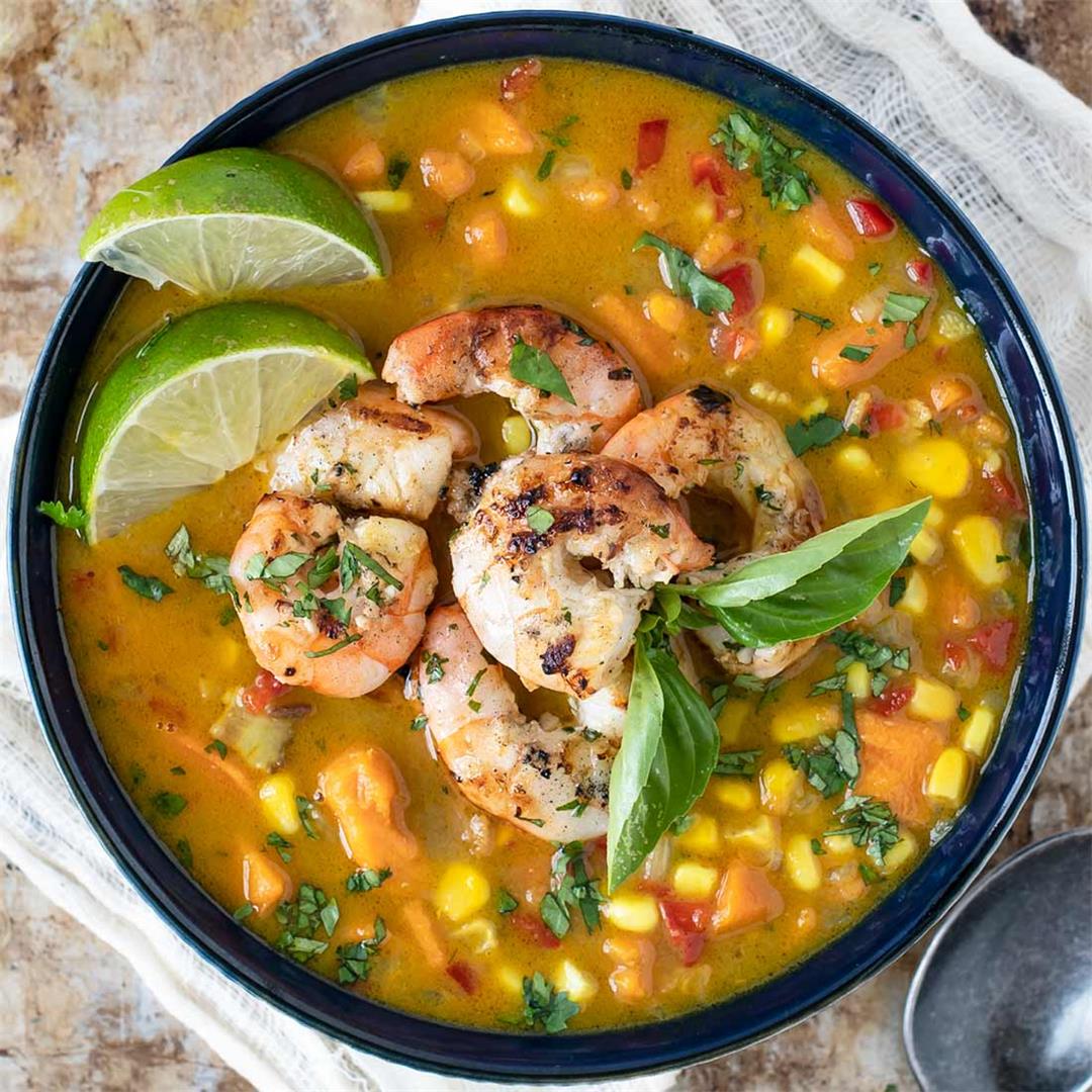 Curry Corn Chowder with Cilantro Lime Shrimp