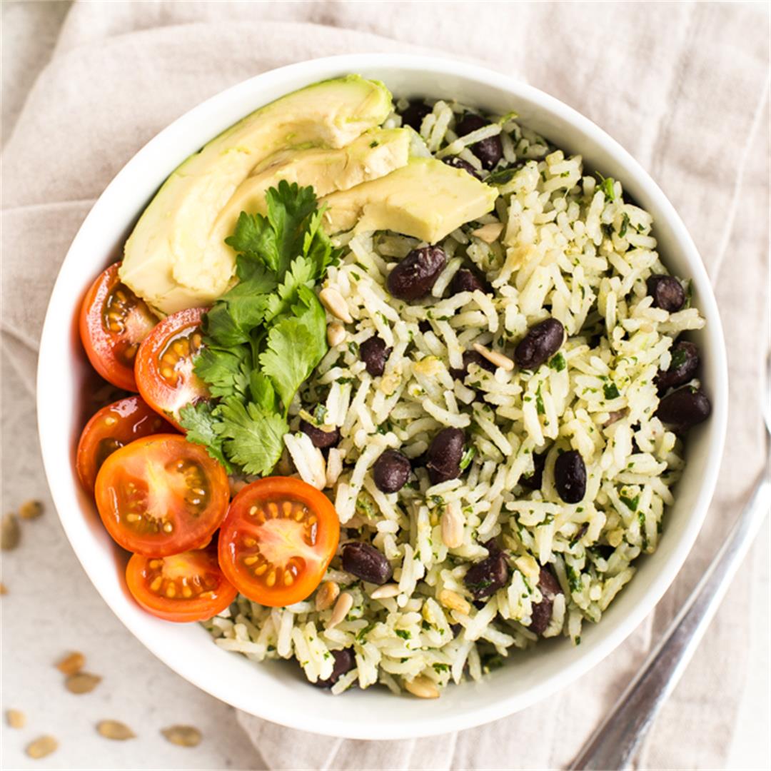 Mexican rice with cilantro pesto and black beans