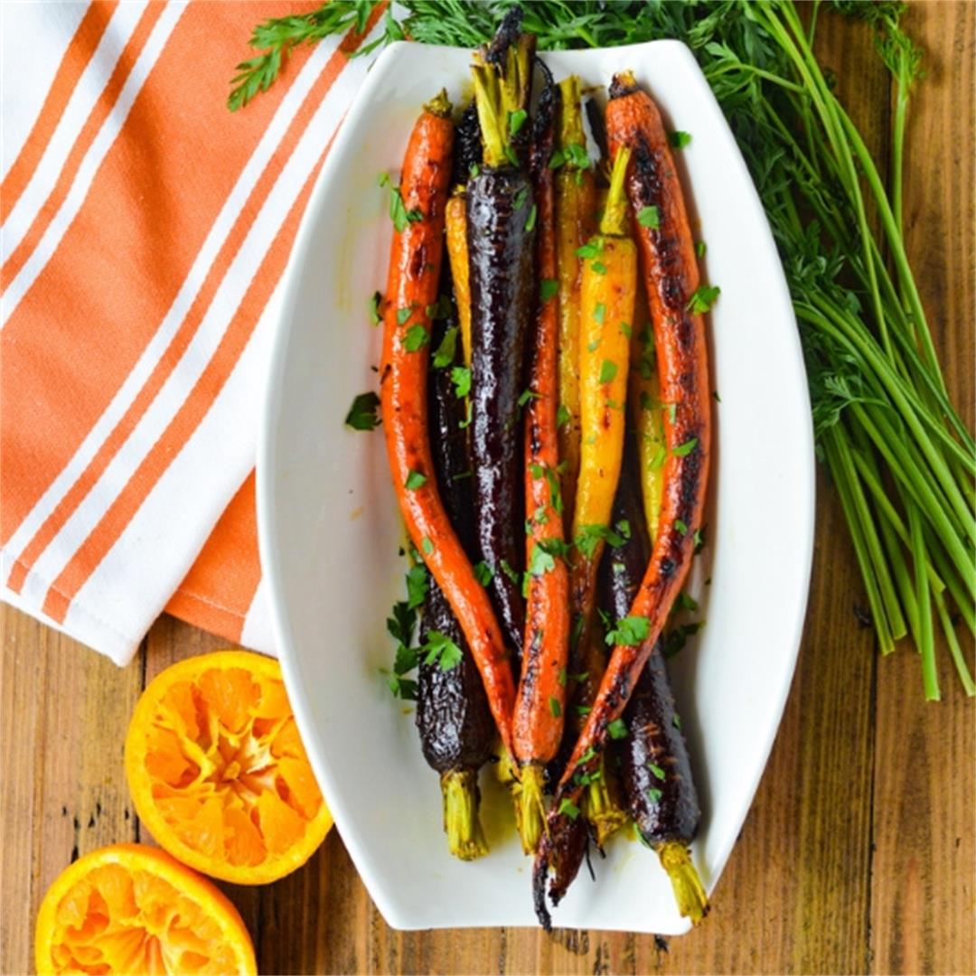 Roasted Candied Rainbow Carrots with Orange-Maple Syrup