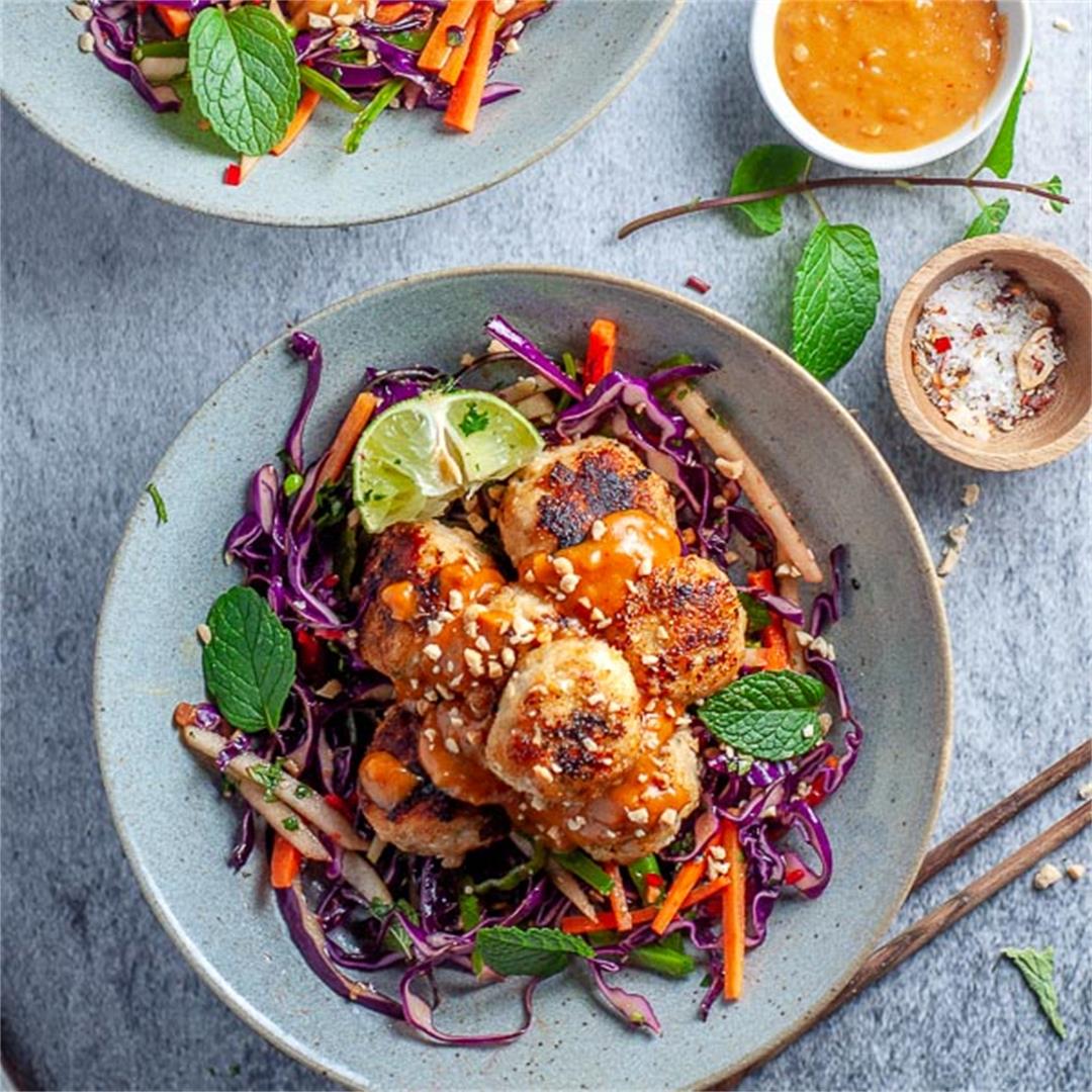 Thai Chicken Meatballs with Spicy Peanut Sauce and Slaw