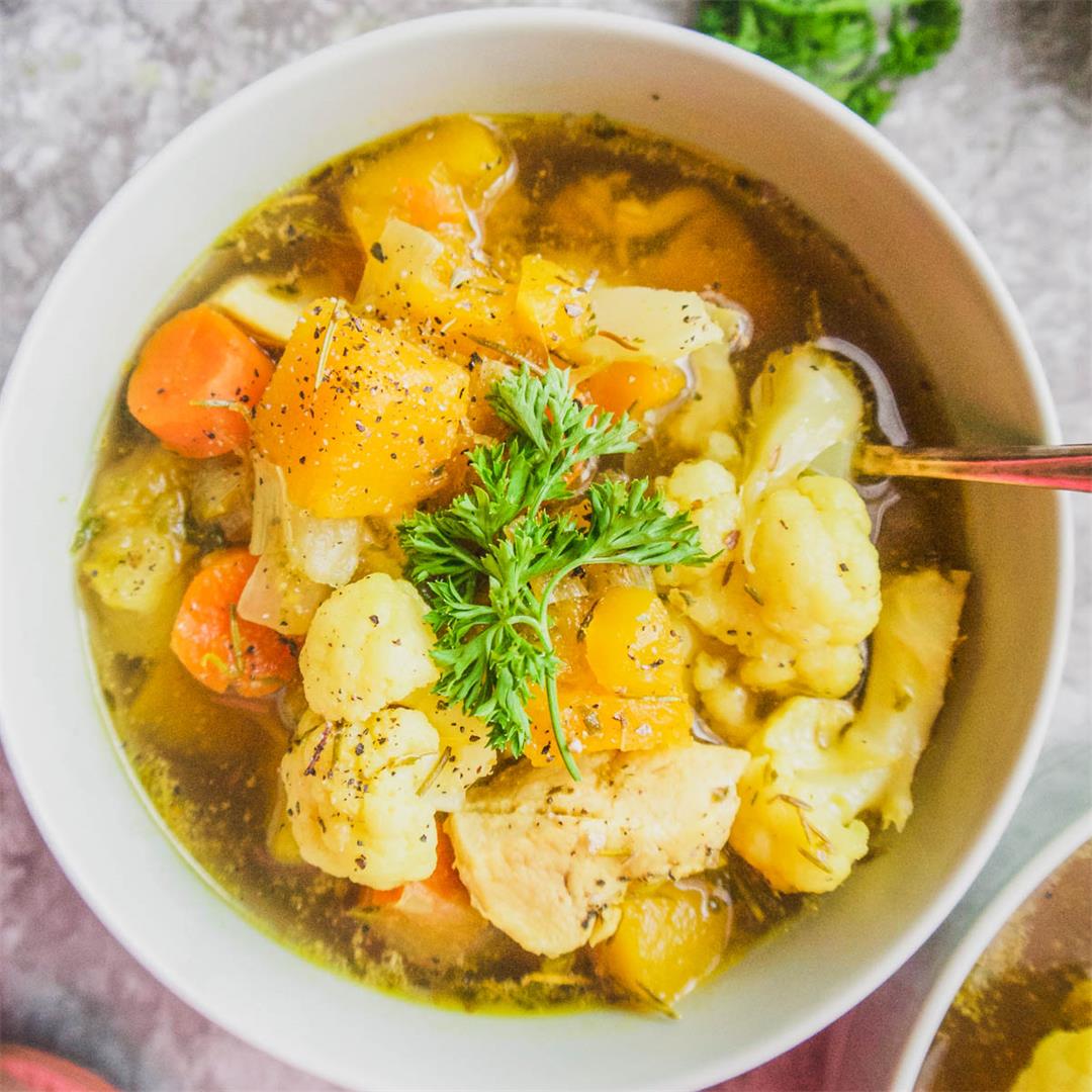 Chicken Soup With Butternut Squash, Potatoes And Cauliflower (