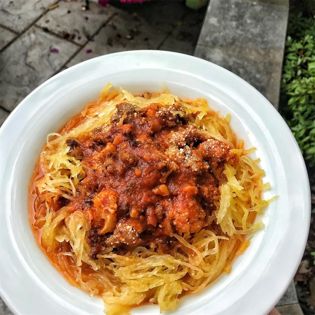 Instant Pot Spaghetti Squash with Sausage and Veggie Sauce