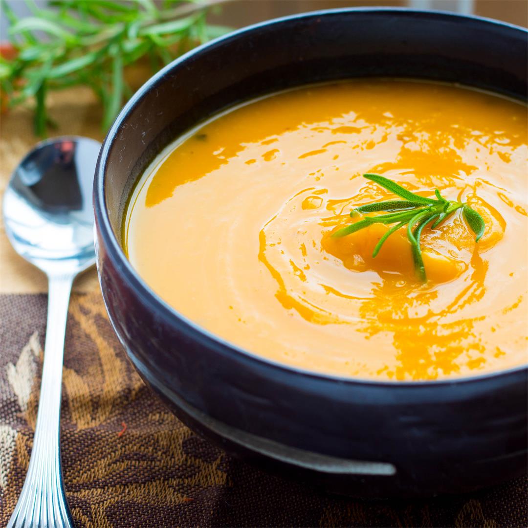 Roasted Butternut Squash Soup with Rosemary and Ginger
