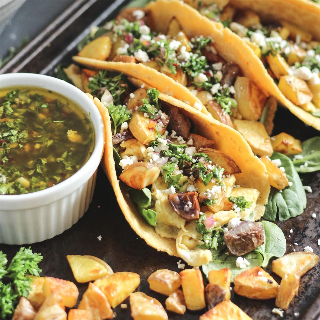 Breakfast Tacos with Roasted Potatoes and Chimichurri Sauce