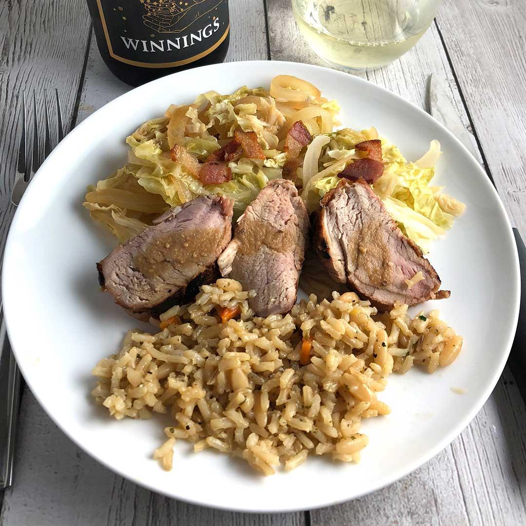 Cider Marinated Pork Tenderloin with Cabbage and a Bit of Bacon
